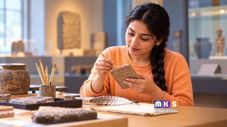 Tool for ancient writing — clay tablet and ancient writing instruments with the complete MKS Education logo inside the course crop