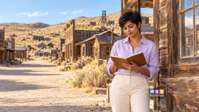 AI illustration of an Indian student studying Bodie’s historic ghost town, with MKS Education branding.