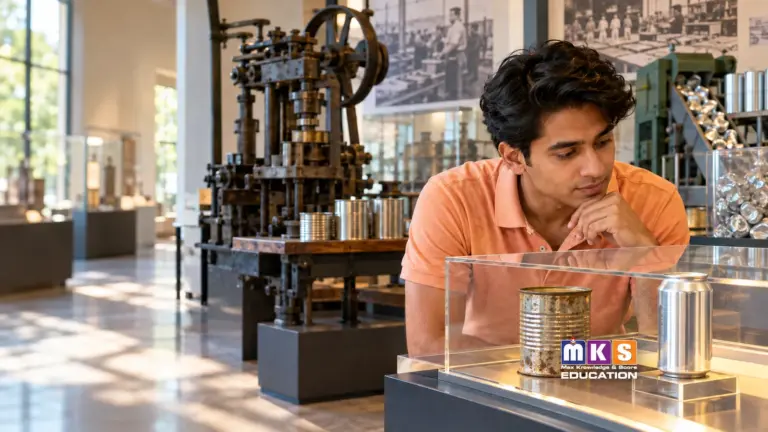 Nepali student comparing early tin food can with modern aluminium can in a history museum, MKS Education logo.