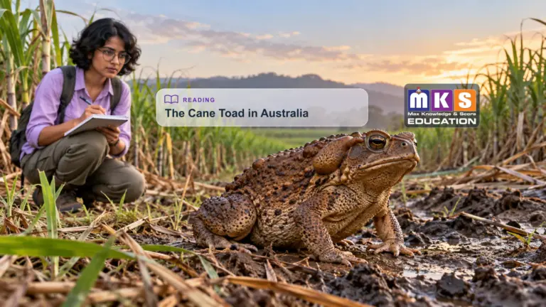 Illustration of a cane toad in a sugarcane field with a student observing at a distance; MKS Education Reading cover.