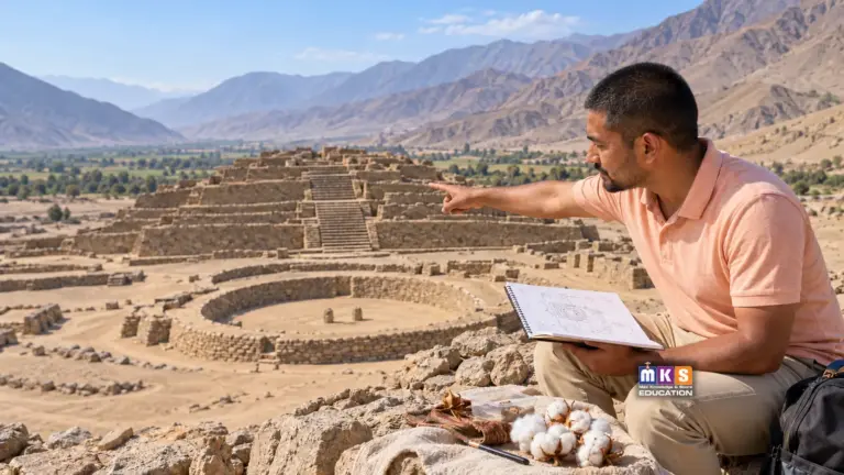 AI illustration of a Nepali student studying Caral’s ancient ruins, with MKS Education branding.