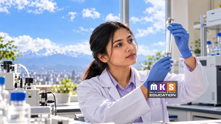 An atmospheric researcher examines an air-sampling tube beside a blue sky, with the MKS Education logo.