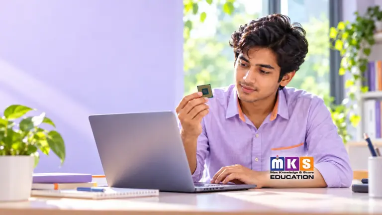 A student examines a computer processor and laptop, with MKS Education branding, for the Digital Diet reading passage.