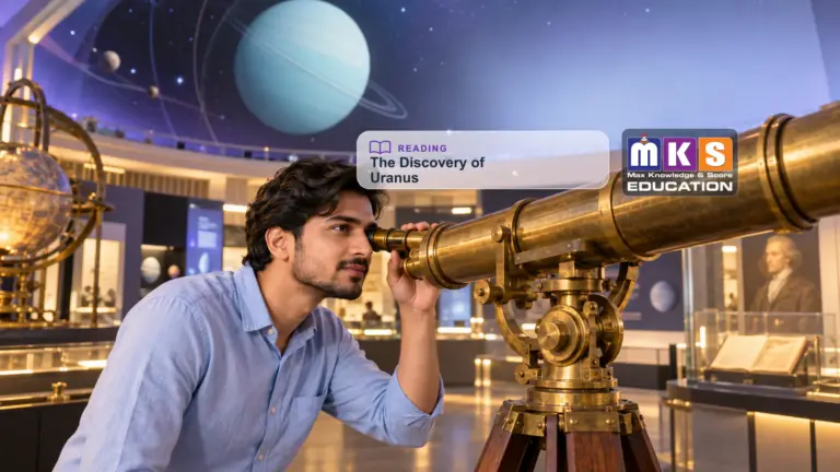 The Discovery of Uranus reading practice: a student with a historical telescope and Uranus exhibit, branded with the original MKS Education logo.