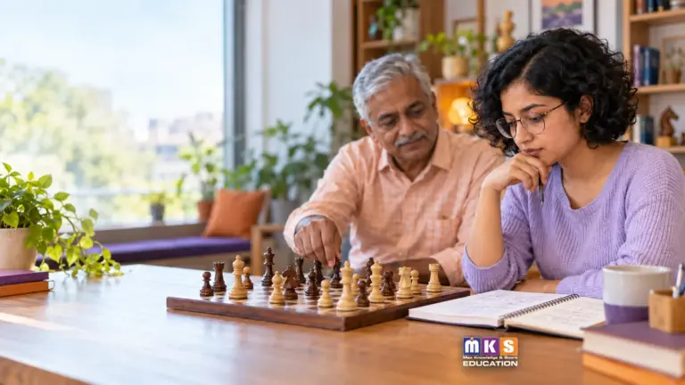 AI illustration of an Indian/Nepali learner practising chess with a mentor, with MKS Education branding.