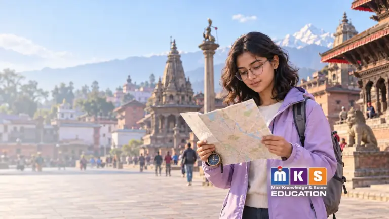 Nepali student using a map and compass to navigate a historic plaza, with the MKS Education logo.