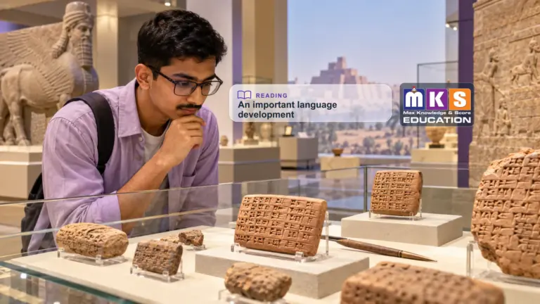 Illustrative Sumerian cuneiform clay tablet study with a Nepali/Indian student and original MKS Education logo.