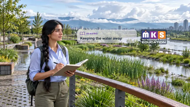Illustrative river floodplain, wetland and rain garden study with a Nepali/Indian student and original MKS Education logo.