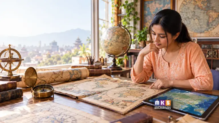 AI illustration of an Indian/Nepali student comparing historic maps and satellite mapping, with MKS Education branding.