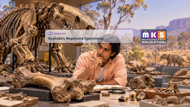 Illustrative Australian megafauna fossil study with a Nepali/Indian student and original MKS Education logo.