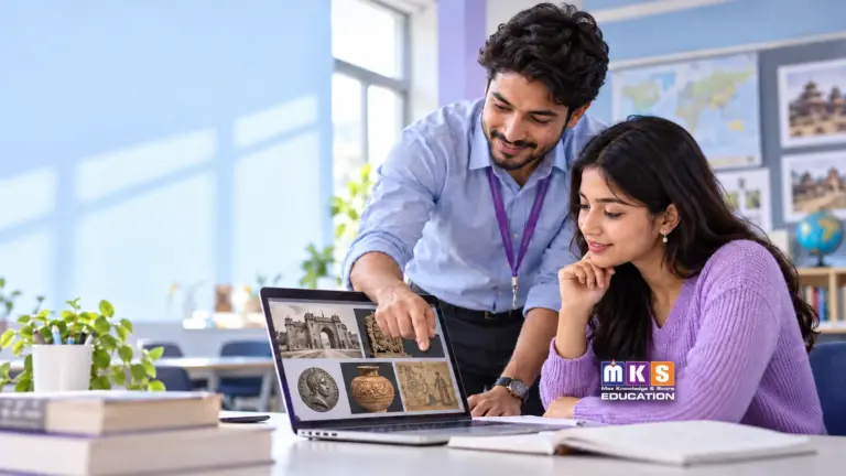A teacher and student explore history through archival pictures and artefacts on a laptop, with MKS Education branding.