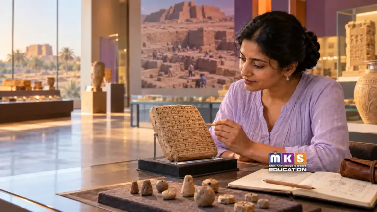 Indian student studying Sumerian clay tablet and counting tokens with MKS Education logo.