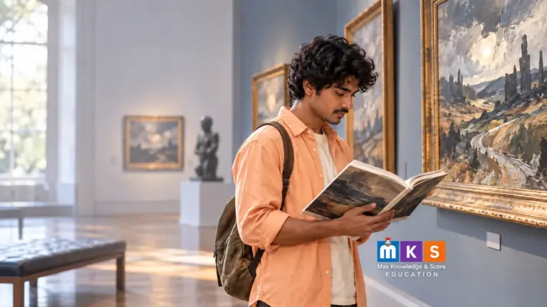 Indian art student reading a landscape-art book in a gallery, with the MKS Education logo.