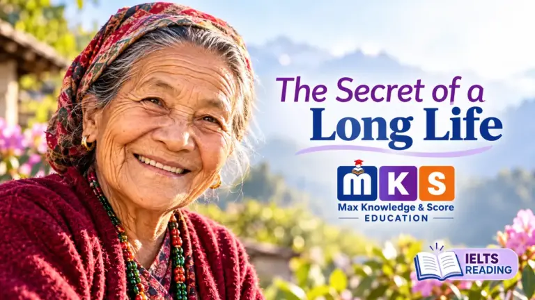 Elderly Nepali woman on longevity reading cover, with visible MKS Education logo