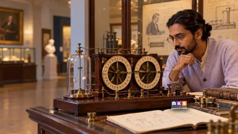 AI illustration of an Indian student studying an early electrostatic telegraph, with MKS Education branding.
