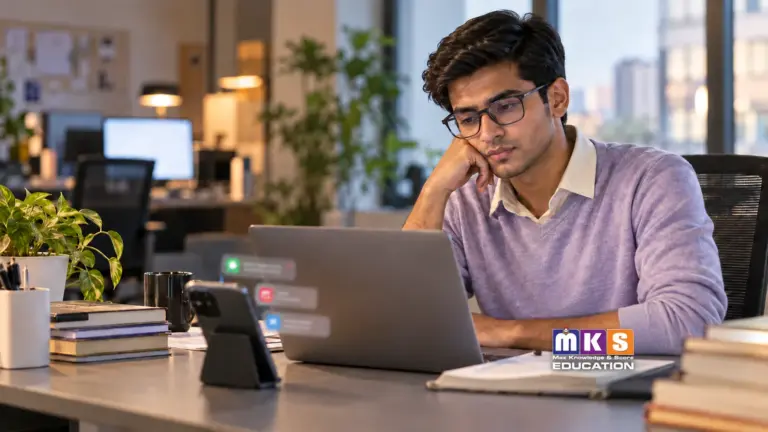 Indian student taking a pause from digital information overload in a modern workplace, with the MKS Education logo.