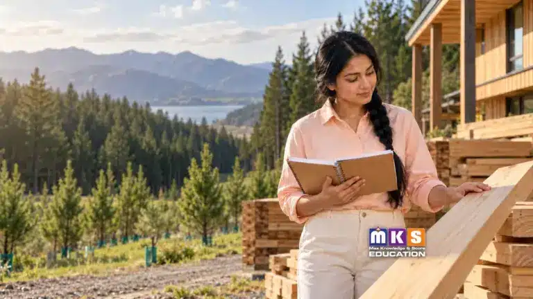 Nepali student studying timber, plantation forestry and wooden construction in New Zealand, with the MKS Education logo.