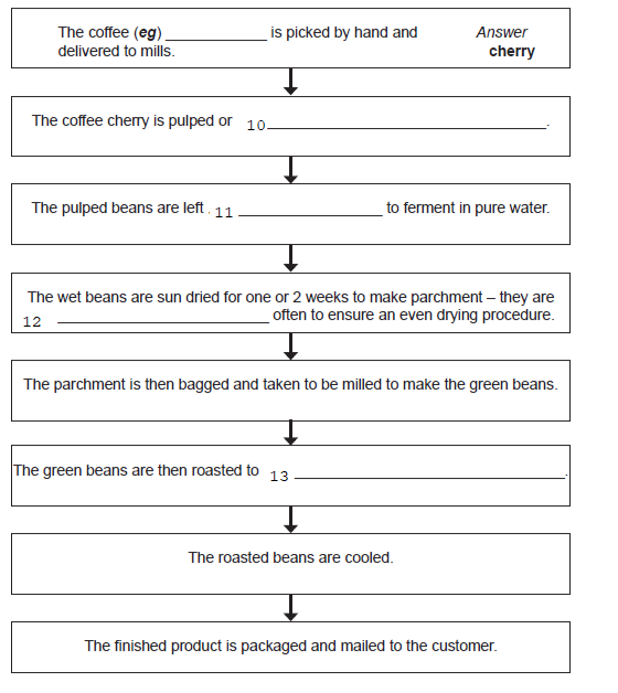 Original coffee production flowchart with the cherry example and blanks numbered 10, 11, 12 and 13