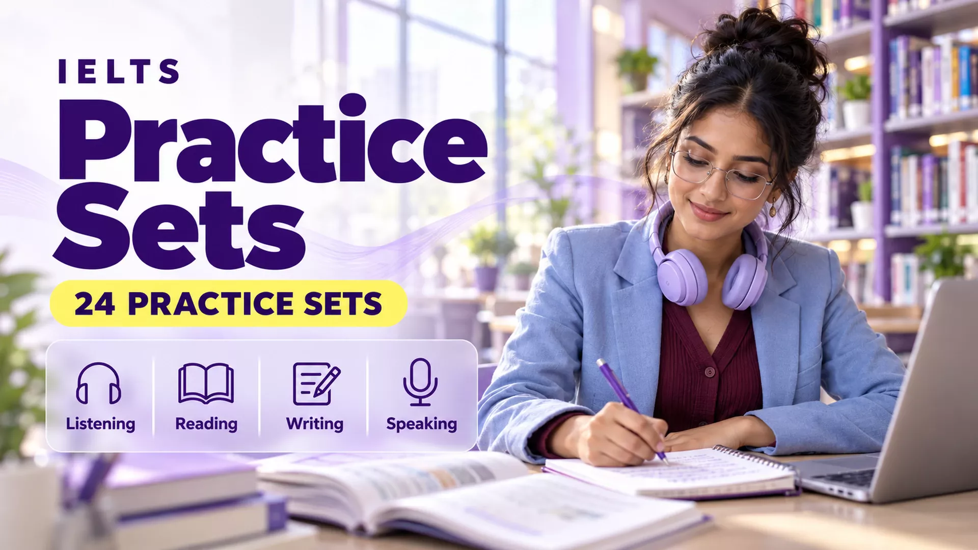 IELTS Practice Sets — 24 sets across Listening, Reading, Writing and Speaking, with an illustrative student wearing a powder-blue blazer in an academic library.