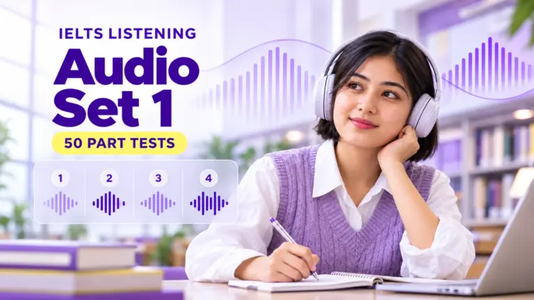 IELTS Listening Audio Set 1 — 50 part tests, with an illustrative short-haired student wearing headphones and practising in a library.