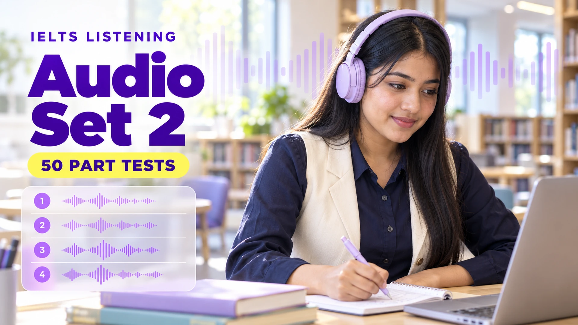 Listening Audio Set 2 — 50 IELTS listening practice tests; an illustrative student in an academic library.