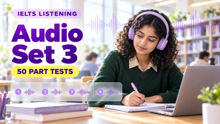 Listening Audio Set 3 — 50 IELTS listening practice tests; an illustrative student in an academic library.