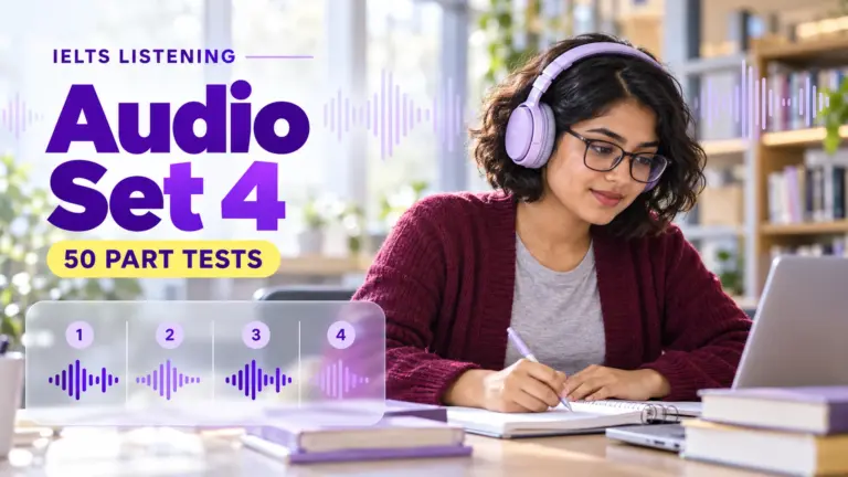 Listening Audio Set 4 — 50 IELTS listening practice tests; an illustrative student in an academic library.