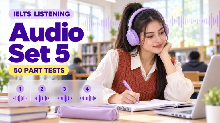 Listening Audio Set 5 — 50 IELTS listening practice tests; an illustrative student in an academic library.