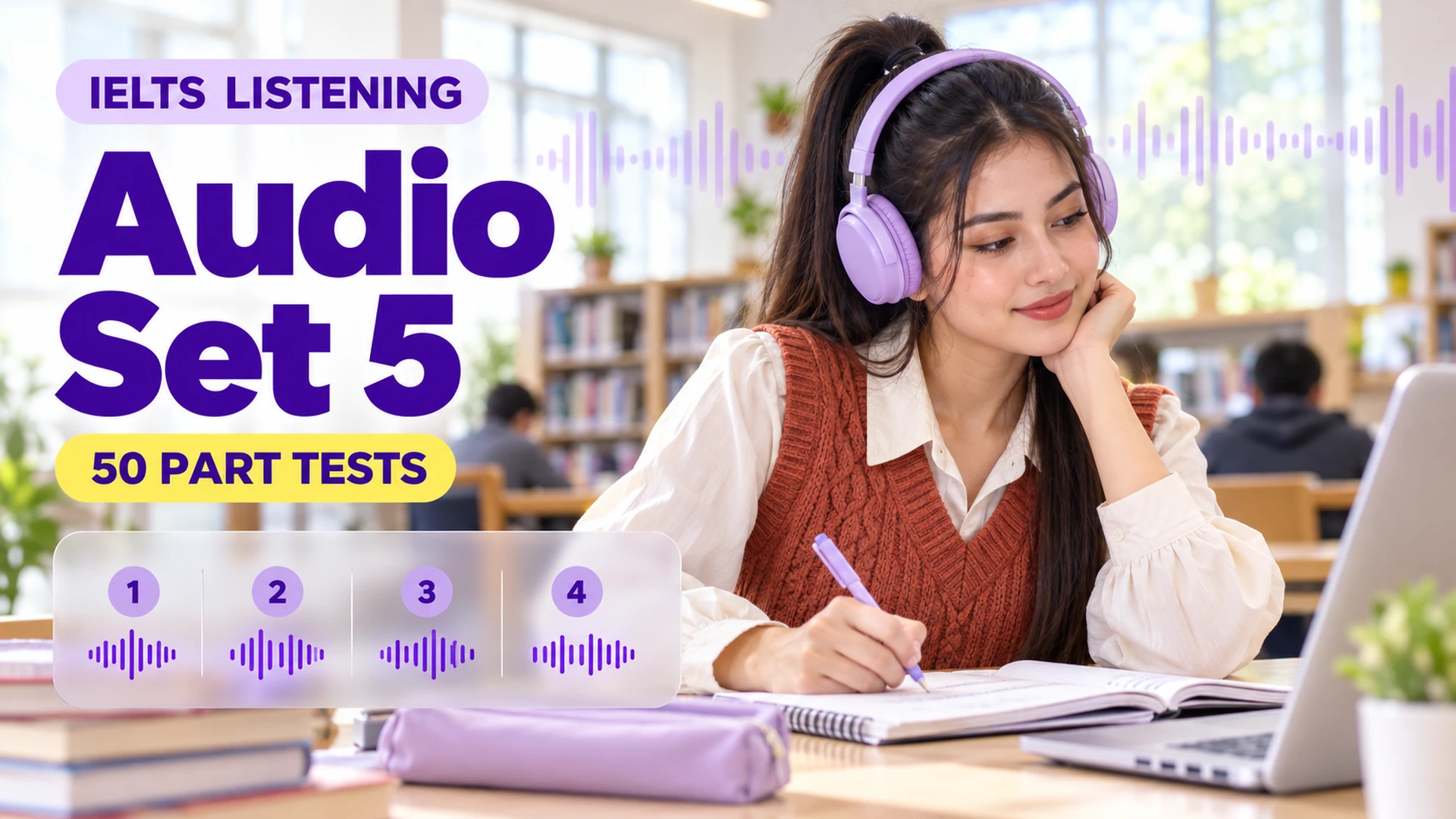 Listening Audio Set 5 — 50 IELTS listening practice tests; an illustrative student in an academic library.