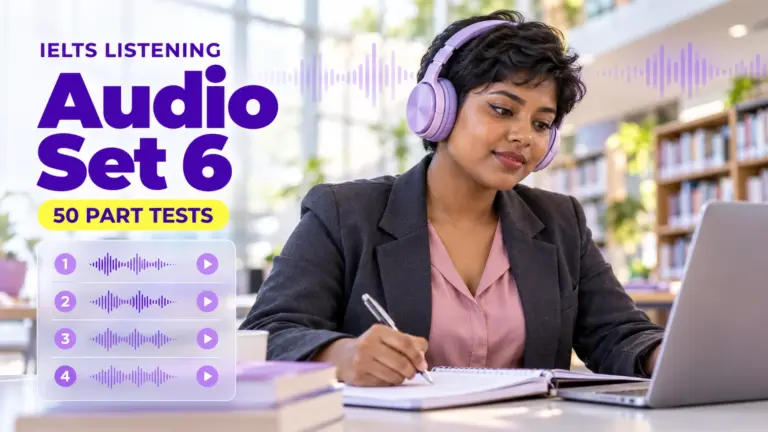 Listening Audio Set 6 — 50 IELTS listening practice tests; an illustrative student in an academic library.