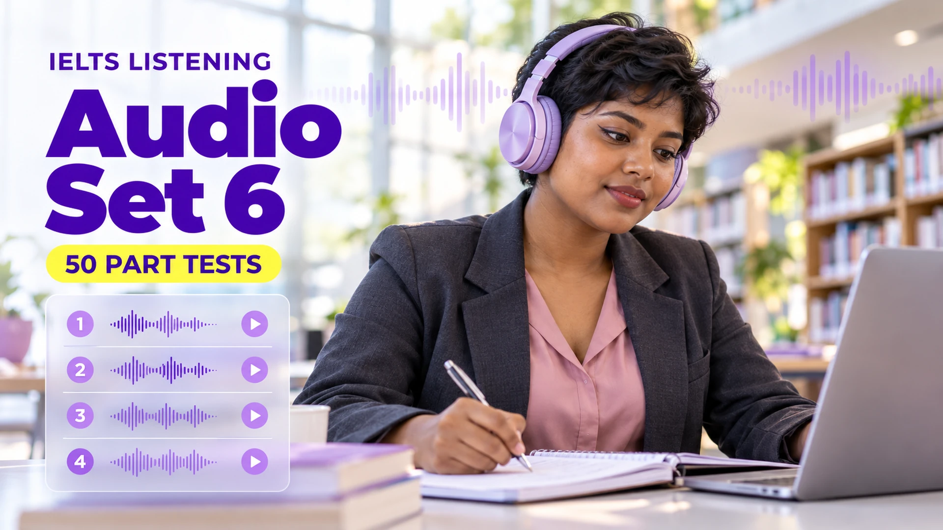 Listening Audio Set 6 — 50 IELTS listening practice tests; an illustrative student in an academic library.