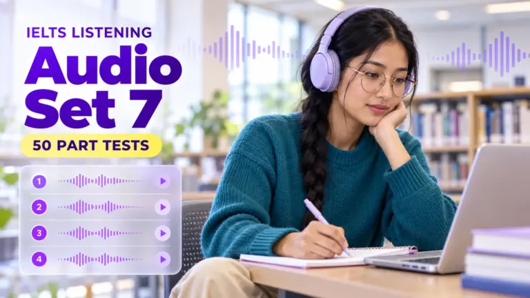 Listening Audio Set 7 — 50 IELTS listening practice tests; an illustrative student in an academic library.