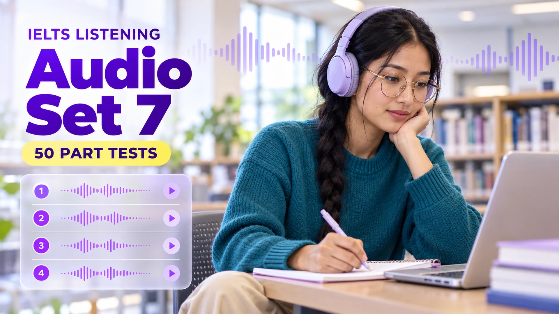 Listening Audio Set 7 — 50 IELTS listening practice tests; an illustrative student in an academic library.
