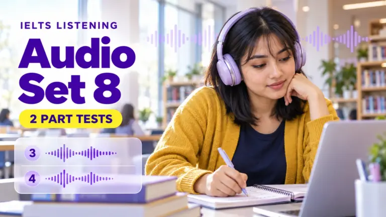 Listening Audio Set 8 — 2 IELTS listening practice tests; an illustrative student in an academic library.