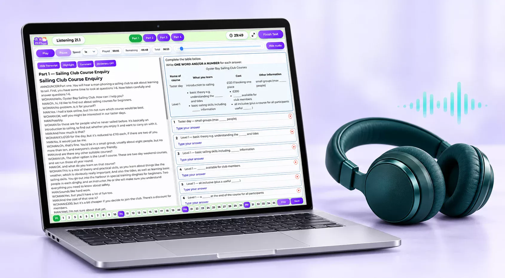 Laptop mockup of the MKS IELTS Listening 21.1 test showing audio controls and questions