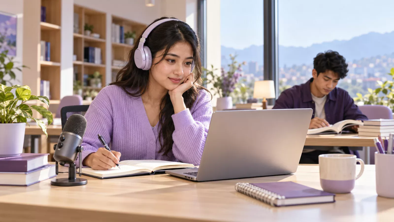 Illustrative scene of Nepali learners practising IELTS with a laptop, headphones, notebook and microphone