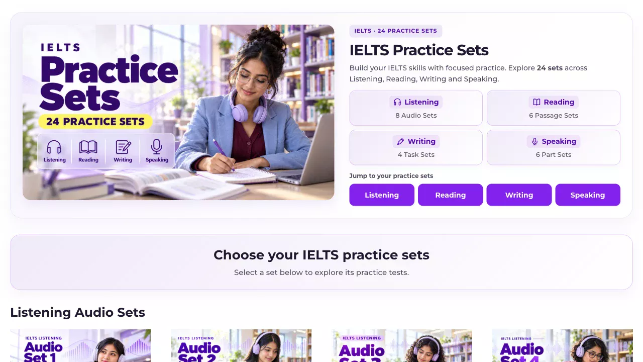 MKS IELTS Practice Sets page with Listening, Reading, Writing and Speaking sets