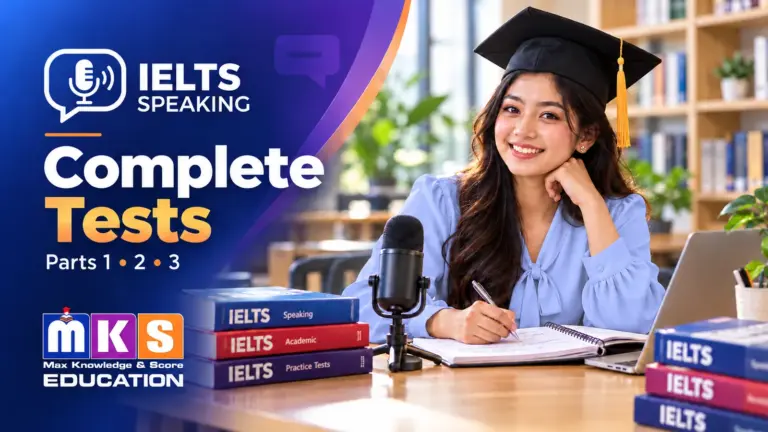 IELTS Speaking Complete Tests with a graduate student, microphone and IELTS study books