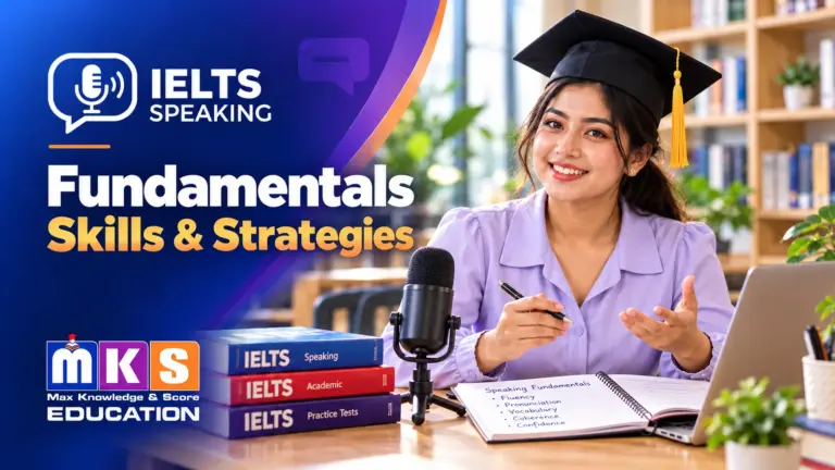 IELTS Speaking Fundamentals - Skills and Strategies with a graduate student, microphone and IELTS study books