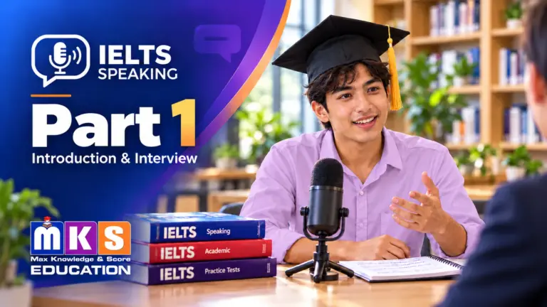 IELTS Speaking Part 1 - Introduction and Interview with a graduate student, microphone and IELTS study books