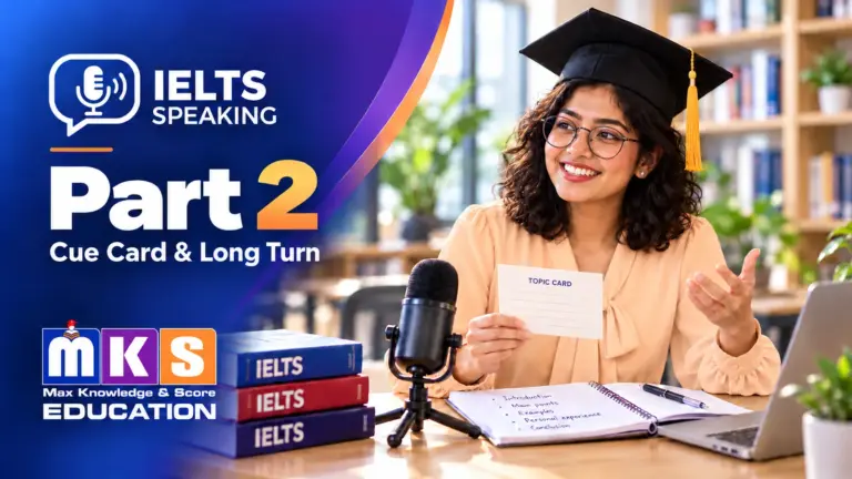 IELTS Speaking Part 2 - Cue Card and Long Turn with a graduate student, microphone and IELTS study books