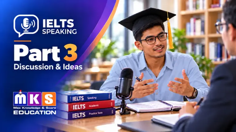 IELTS Speaking Part 3 - Discussion and Ideas with a graduate student, microphone and IELTS study books
