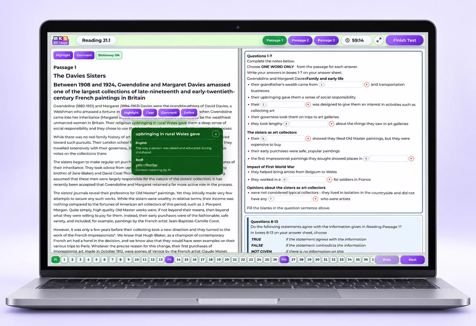 Laptop mockup of the MKS IELTS Reading test showing passage questions and an English and Nepali dictionary meaning