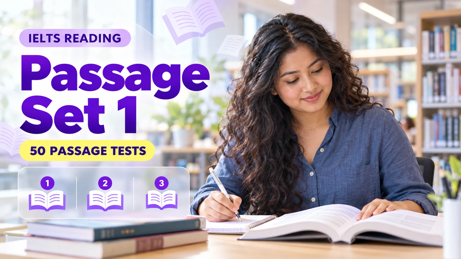 Reading Passage Set 1 — 50 IELTS reading practice tests; an illustrative student in an academic library.