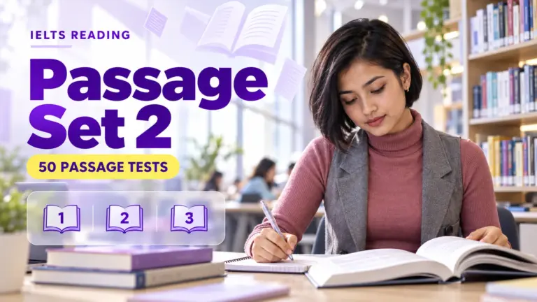 Reading Passage Set 2 — 50 IELTS reading practice tests; an illustrative student in an academic library.