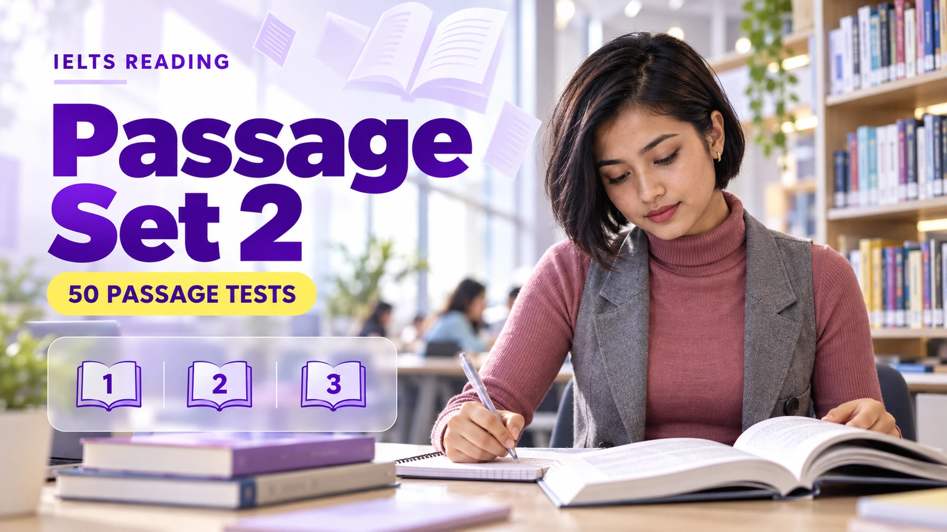 Reading Passage Set 2 — 50 IELTS reading practice tests; an illustrative student in an academic library.