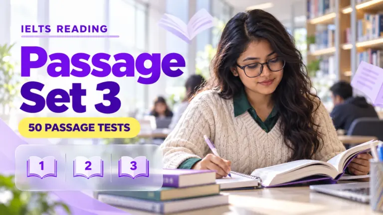 Reading Passage Set 3 — 50 IELTS reading practice tests; an illustrative student in an academic library.