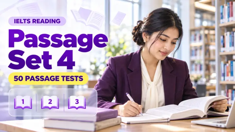 Reading Passage Set 4 — 50 IELTS reading practice tests; an illustrative student in an academic library.