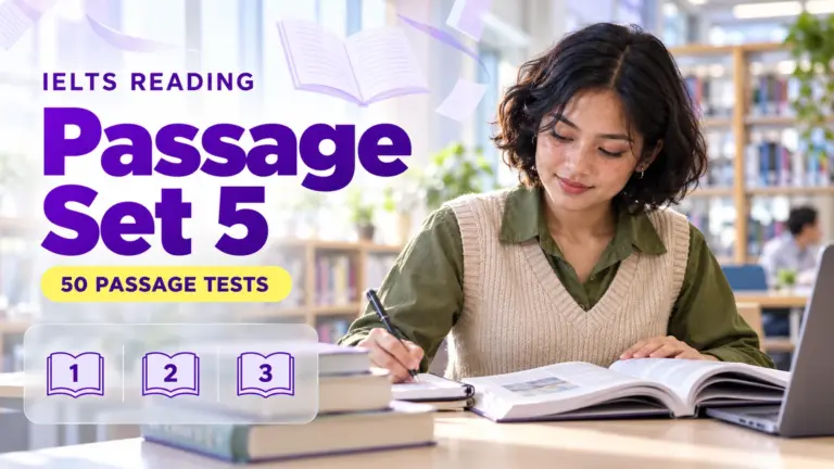 Reading Passage Set 5 — 50 IELTS reading practice tests; an illustrative student in an academic library.