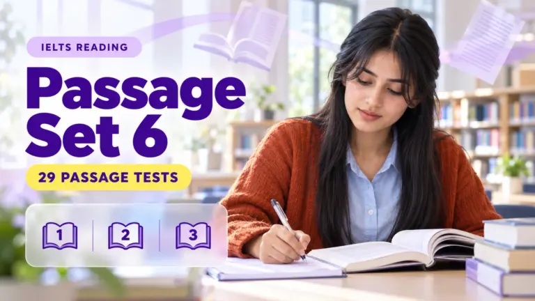 Reading Passage Set 6 — 29 IELTS reading practice tests; an illustrative student in an academic library.